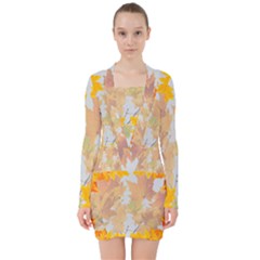 Autumn Maple Leaves, Floral Art V-neck Bodycon Long Sleeve Dress