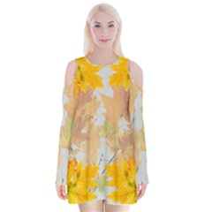 Autumn Maple Leaves, Floral Art Velvet Long Sleeve Shoulder Cutout Dress