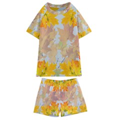 Autumn Maple Leaves, Floral Art Kids  Swim Tee And Shorts Set by picsaspassion