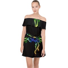 Colorful Neon Art Light Rays, Rainbow Colors Off Shoulder Chiffon Dress by picsaspassion