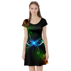 Colorful Neon Art Light Rays, Rainbow Colors Short Sleeve Skater Dress by picsaspassion