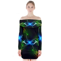 Colorful Neon Art Light Rays, Rainbow Colors Long Sleeve Off Shoulder Dress by picsaspassion