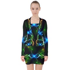 Colorful Neon Art Light Rays, Rainbow Colors V-neck Bodycon Long Sleeve Dress by picsaspassion