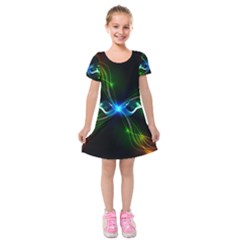 Colorful Neon Art Light Rays, Rainbow Colors Kids  Short Sleeve Velvet Dress