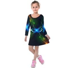 Colorful Neon Art Light Rays, Rainbow Colors Kids  Long Sleeve Velvet Dress