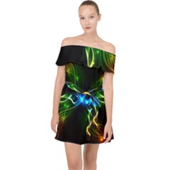 Colorful Neon Art Light Rays, Rainbow Colors Off Shoulder Chiffon Dress by picsaspassion