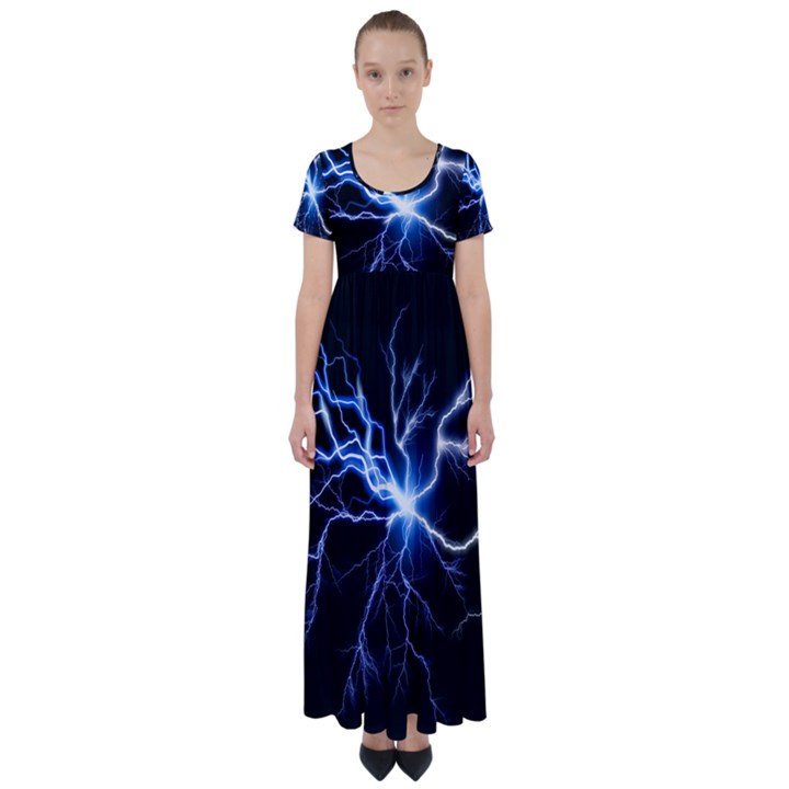 Blue Thunder Colorful Lightning graphic impression High Waist Short Sleeve Maxi Dress