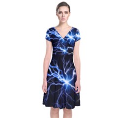 Blue Thunder Colorful Lightning Graphic Impression Short Sleeve Front Wrap Dress by picsaspassion