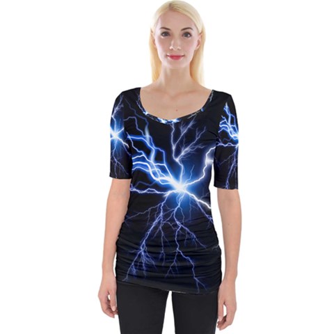 Blue Thunder Colorful Lightning Graphic Impression Wide Neckline Tee by picsaspassion