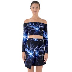 Blue Thunder Colorful Lightning Graphic Impression Off Shoulder Top With Skirt Set by picsaspassion