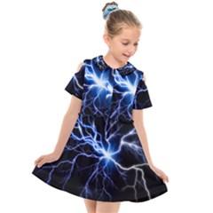 Blue Thunder Colorful Lightning Graphic Impression Kids  Short Sleeve Shirt Dress by picsaspassion