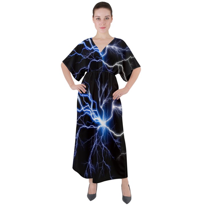 Blue Thunder Colorful Lightning graphic impression V-Neck Boho Style Maxi Dress