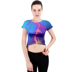 Blue Lightning Colorful Digital Art Crew Neck Crop Top by picsaspassion