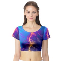 Blue Lightning Colorful Digital Art Short Sleeve Crop Top by picsaspassion