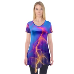 Blue Lightning Colorful Digital Art Short Sleeve Tunic  by picsaspassion