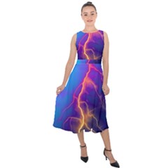 Blue Lightning Colorful Digital Art Midi Tie-back Chiffon Dress by picsaspassion