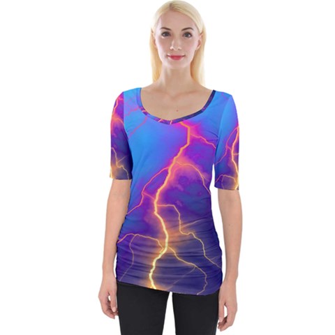 Blue Lightning Colorful Digital Art Wide Neckline Tee by picsaspassion