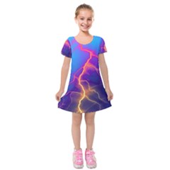 Blue Lightning Colorful Digital Art Kids  Short Sleeve Velvet Dress