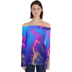 Blue Lightning Colorful Digital Art Off Shoulder Long Sleeve Top by picsaspassion