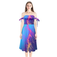 Blue Lightning Colorful Digital Art Shoulder Tie Bardot Midi Dress by picsaspassion