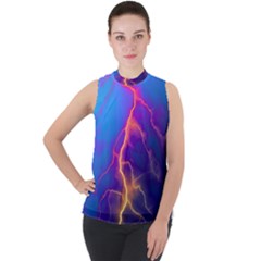 Blue Lightning Colorful Digital Art Mock Neck Chiffon Sleeveless Top by picsaspassion