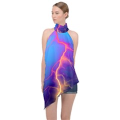 Blue Lightning Colorful Digital Art Halter Asymmetric Satin Top by picsaspassion