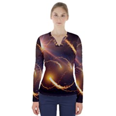 Flying Comets And Light Rays, Digital Art V-neck Long Sleeve Top by picsaspassion