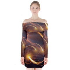 Flying Comets And Light Rays, Digital Art Long Sleeve Off Shoulder Dress by picsaspassion