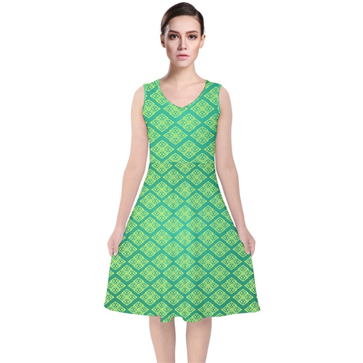 Pattern Texture Geometric Green V-Neck Midi Sleeveless Dress 