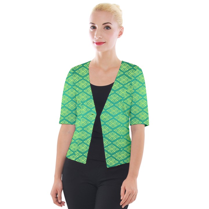 Pattern Texture Geometric Green Cropped Button Cardigan