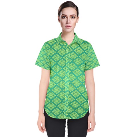 Pattern Texture Geometric Green Women s Short Sleeve Shirt by Mariart