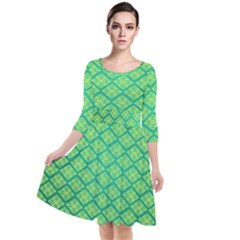 Pattern Texture Geometric Green Quarter Sleeve Waist Band Dress