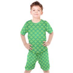 Pattern Texture Geometric Green Kids  Tee And Shorts Set