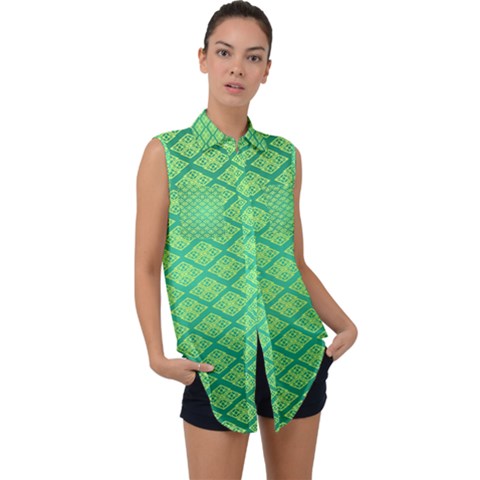 Pattern Texture Geometric Green Sleeveless Chiffon Button Shirt by Mariart