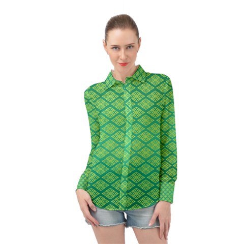 Pattern Texture Geometric Green Long Sleeve Chiffon Shirt by Mariart