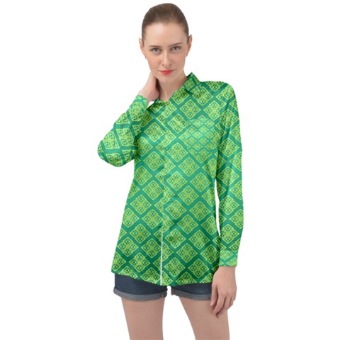 Pattern Texture Geometric Green Long Sleeve Satin Shirt by Mariart