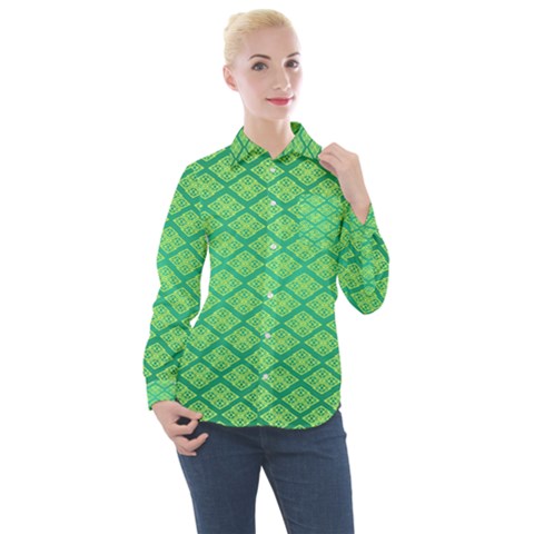 Pattern Texture Geometric Green Women s Long Sleeve Pocket Shirt by Mariart