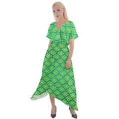 Pattern Texture Geometric Green Cross Front Sharkbite Hem Maxi Dress