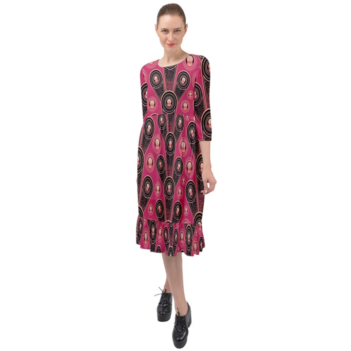 Background Abstract Pattern Ruffle End Midi Chiffon Dress