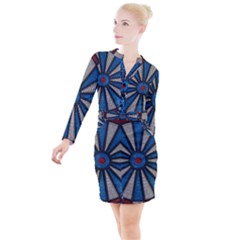 Darts Throw Button Long Sleeve Dress