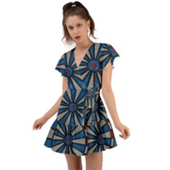 Darts Throw Flutter Sleeve Wrap Dress