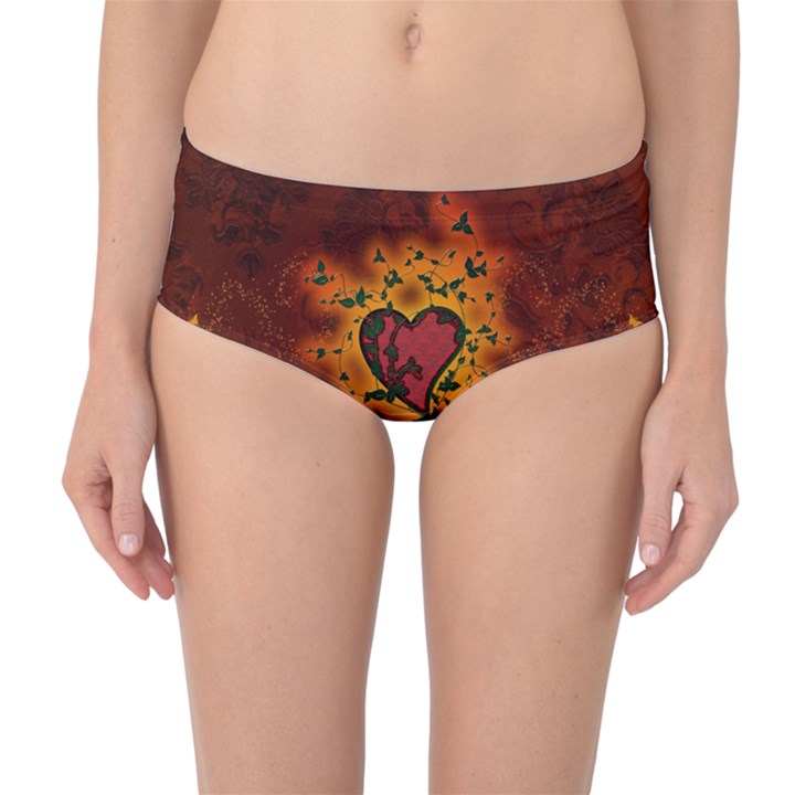 Beautiful Heart With Leaves Mid-Waist Bikini Bottoms