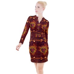 Beautiful Heart With Leaves Button Long Sleeve Dress by FantasyWorld7