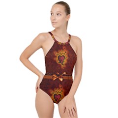 Beautiful Heart With Leaves High Neck One Piece Swimsuit by FantasyWorld7