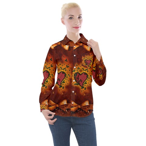 Beautiful Heart With Leaves Women s Long Sleeve Pocket Shirt by FantasyWorld7