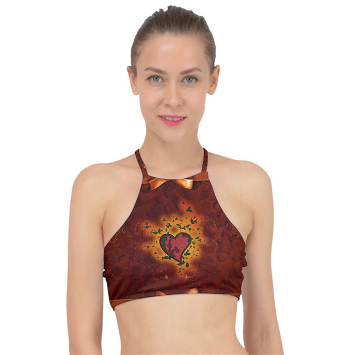 Beautiful Heart With Leaves Racer Front Bikini Top