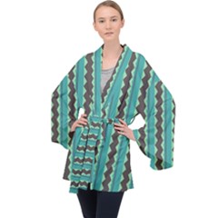 Background Chevron Blue Long Sleeve Velvet Kimono 