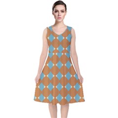 Pattern Brown Triangle V-neck Midi Sleeveless Dress  by HermanTelo