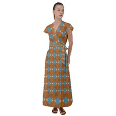 Pattern Brown Triangle Flutter Sleeve Maxi Dress