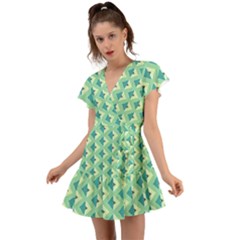 Background Chevron Green Flutter Sleeve Wrap Dress